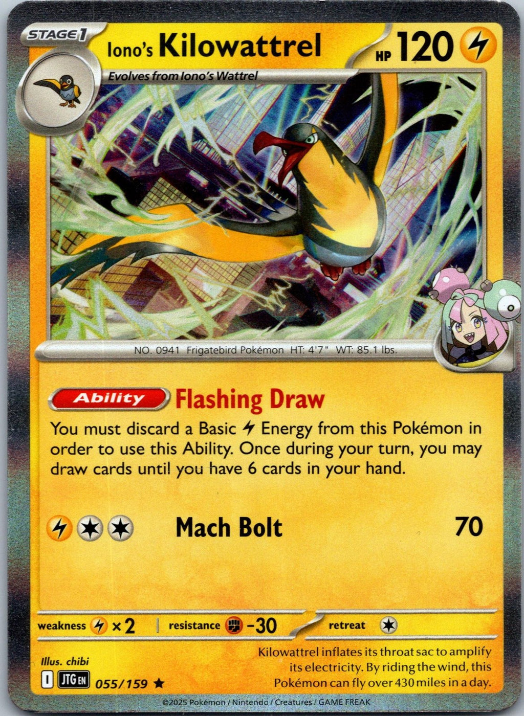 Iono's Kilowattrel 055/159 Rare Journey Together Pokemon Near Mint