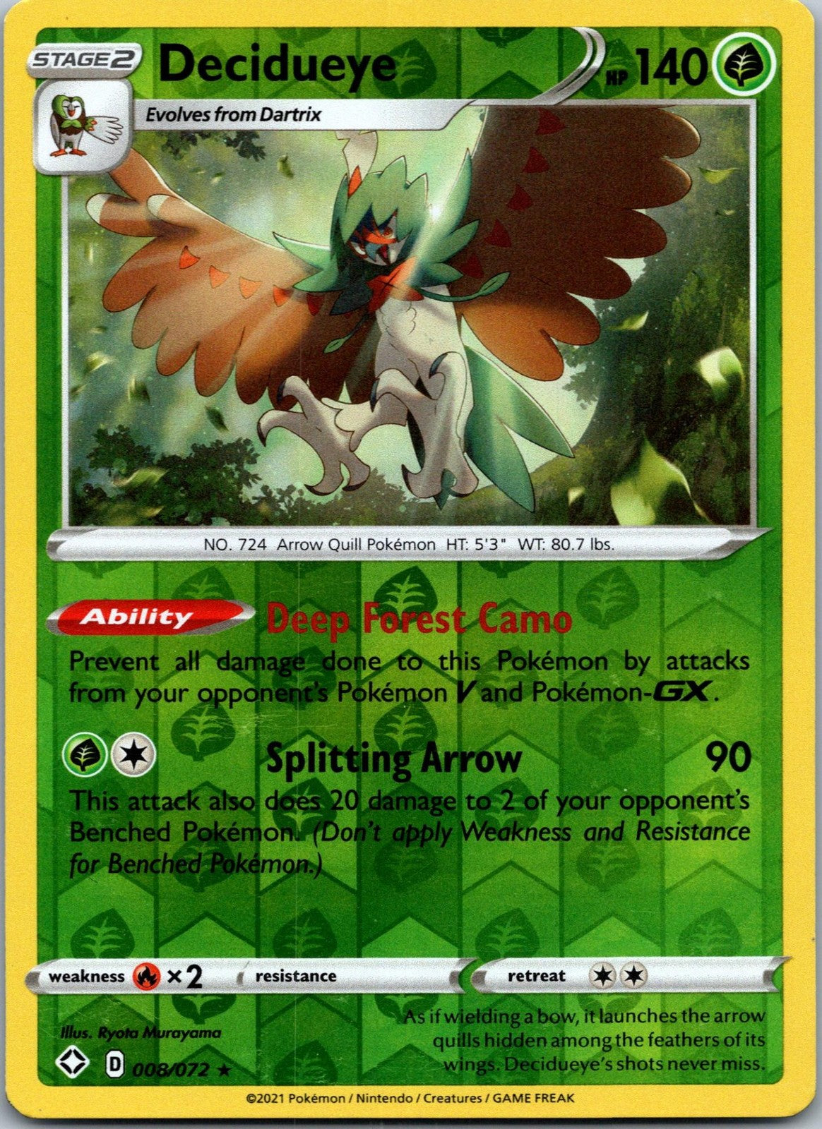 Decidueye 008/072 Holo Rare Shining Fates Pokemon Near Mint