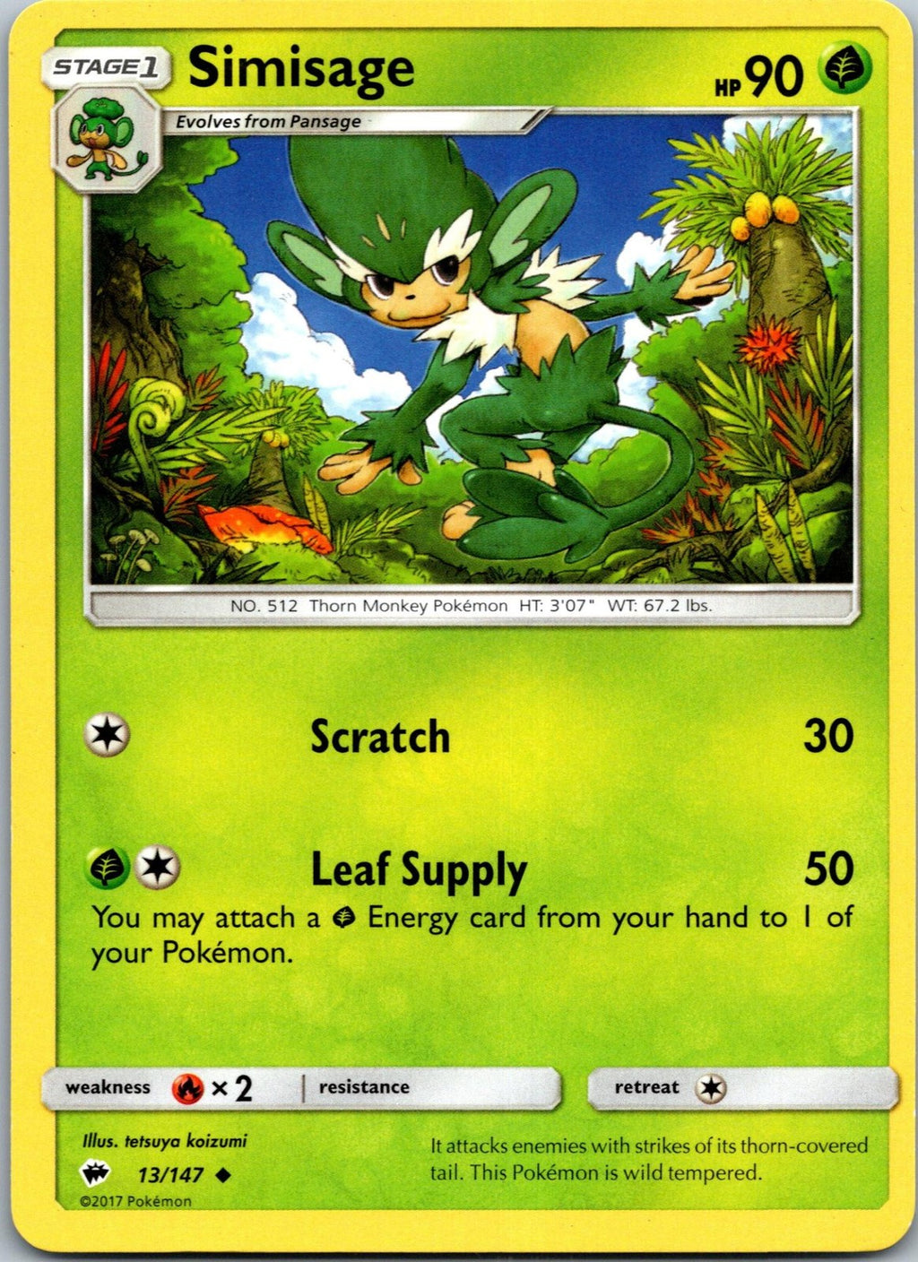 Simisage 13/147 Uncommon Burning Shadows Pokemon Near Mint