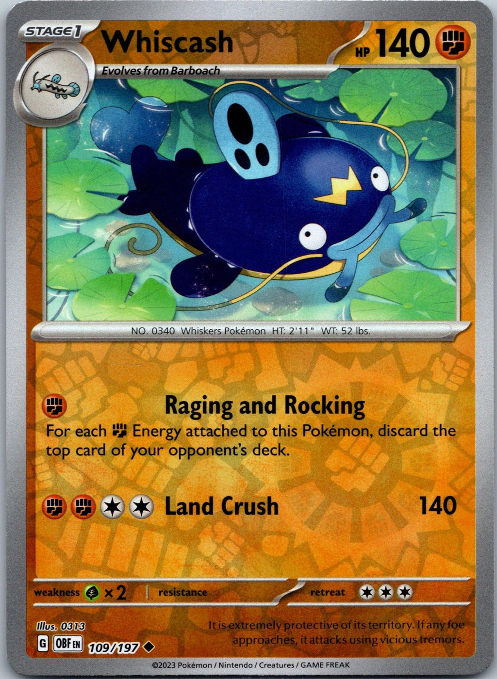 Whiscash 109/197 Uncommon Obsidian Flames Pokemon Near Mint