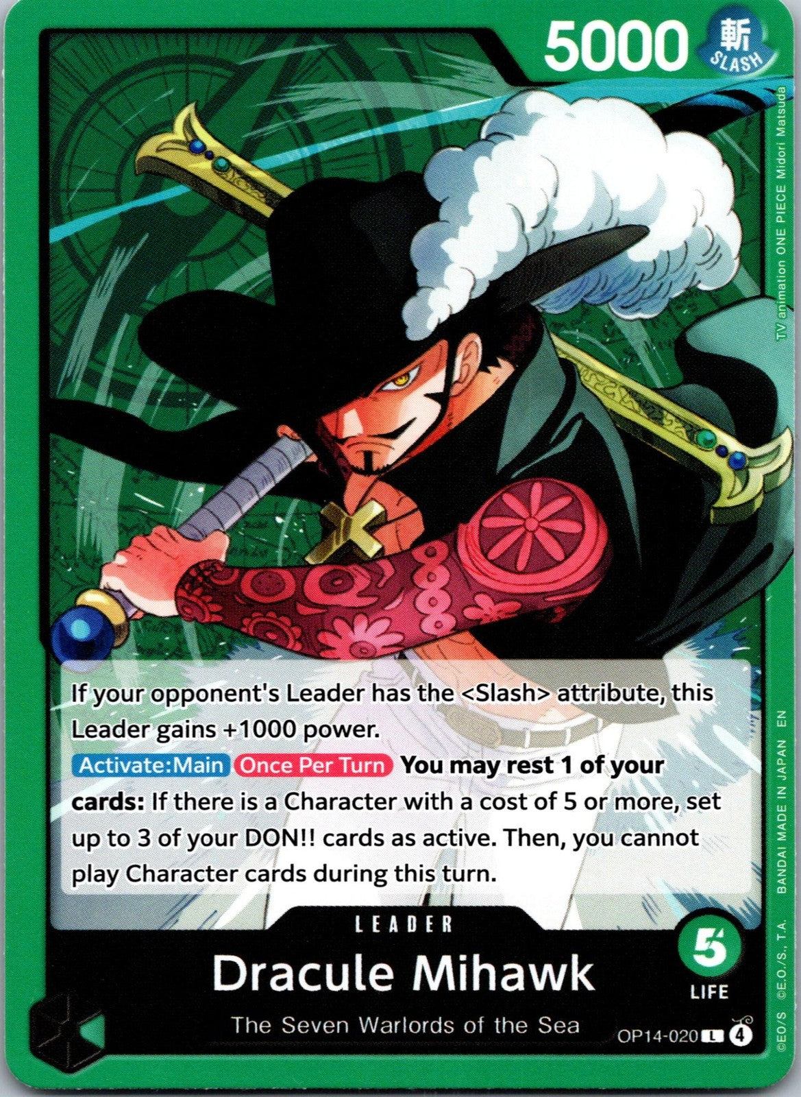 Dracule Mihawk OP14-020 Leader The Azure Sea's Seven One Piece Near Mint