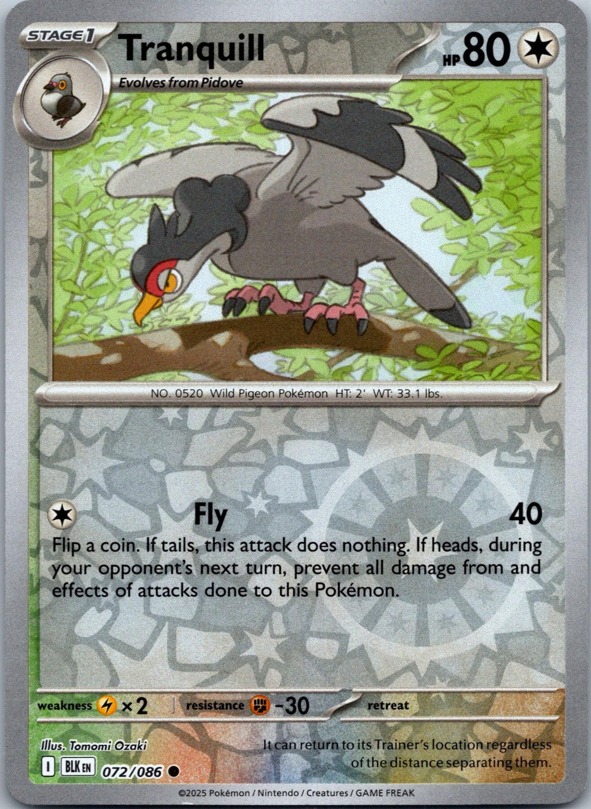 Tranquill 072/086 Common Black Bolt Pokemon Near Mint