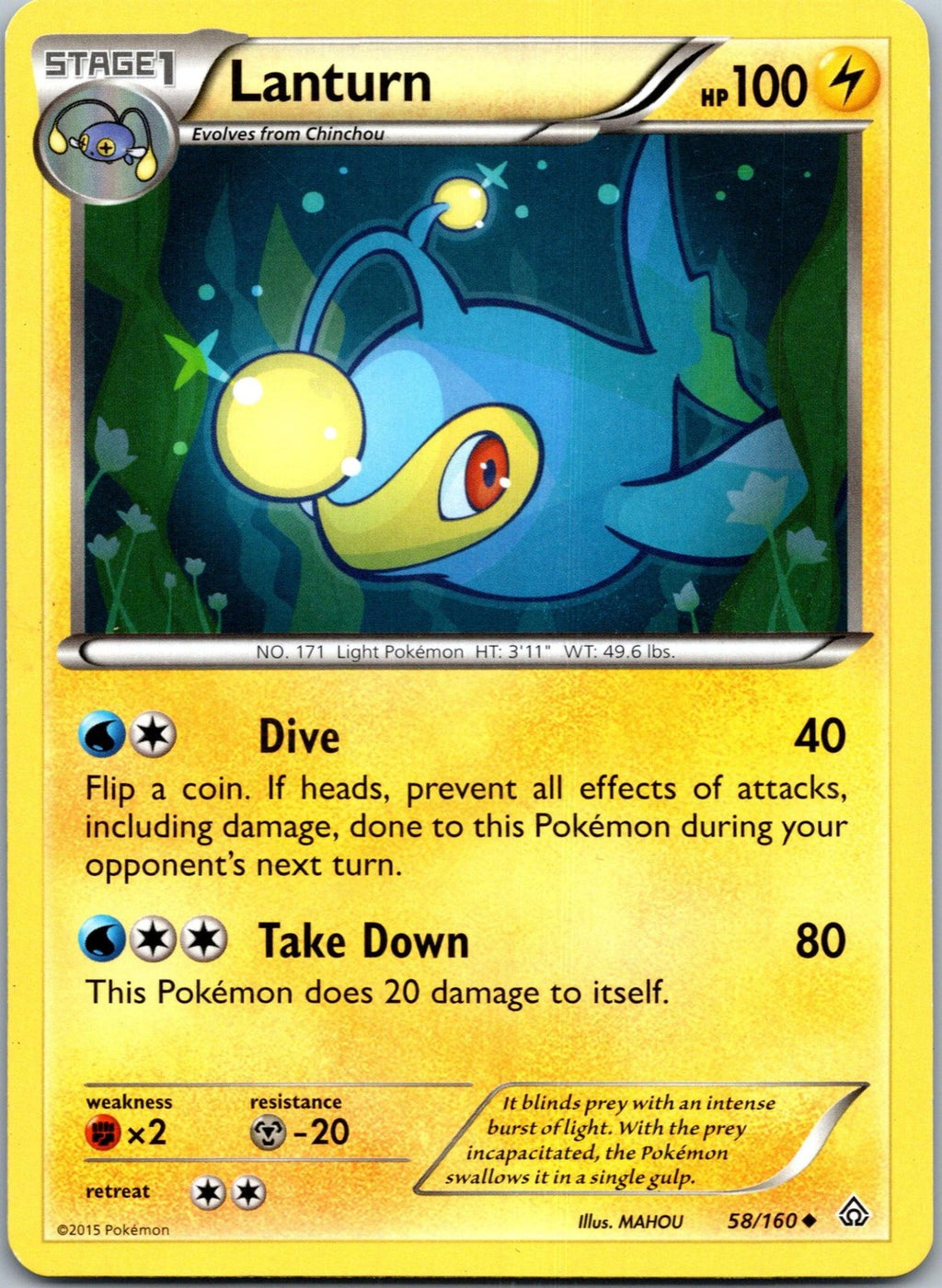 Lanturn 58/160 Uncommon Primal Clash Pokemon Near Mint