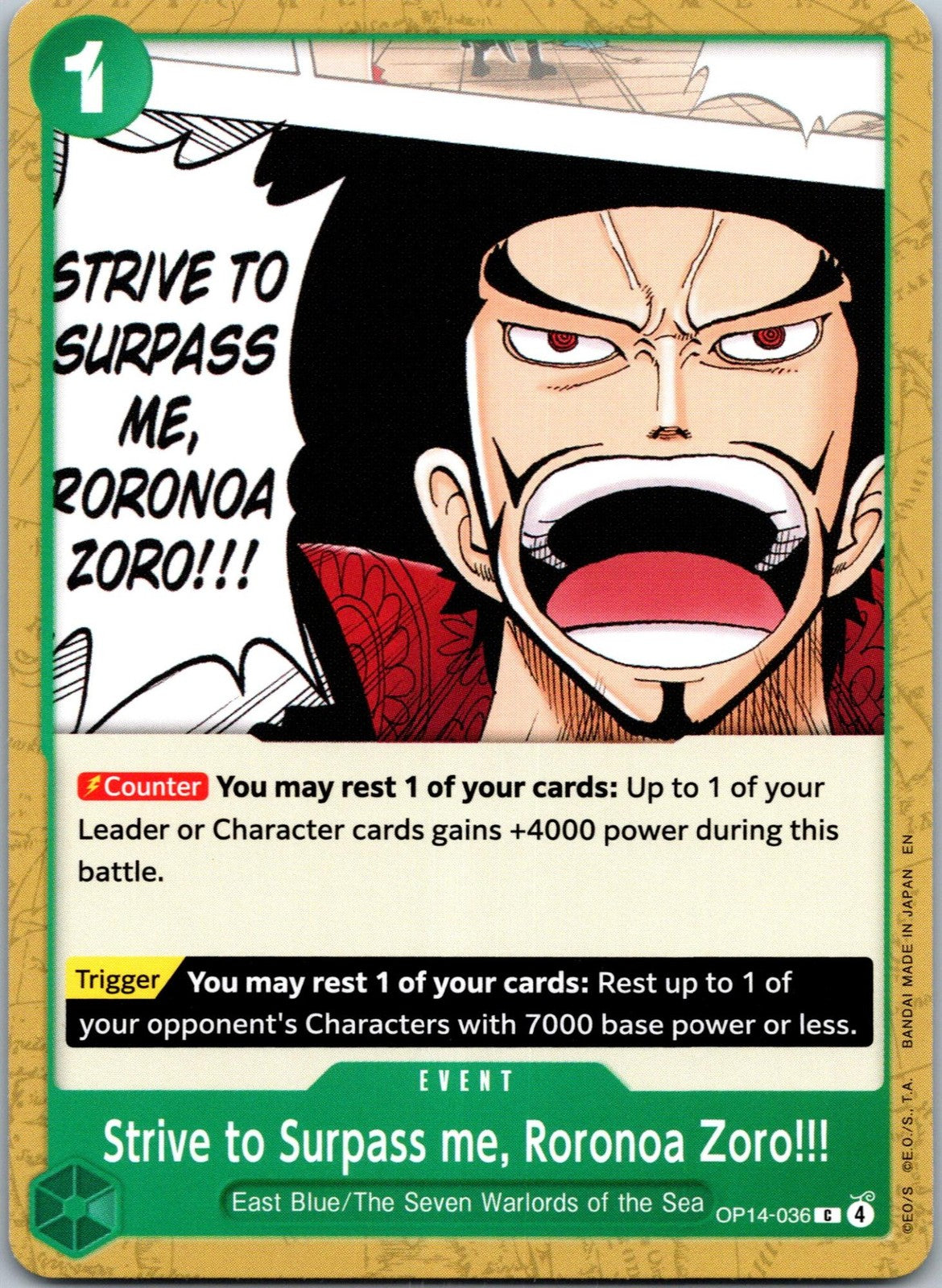 Strive to Surpass me, Roronoa Zoro! OP14-036 The Azure Sea's Seven One Piece NM