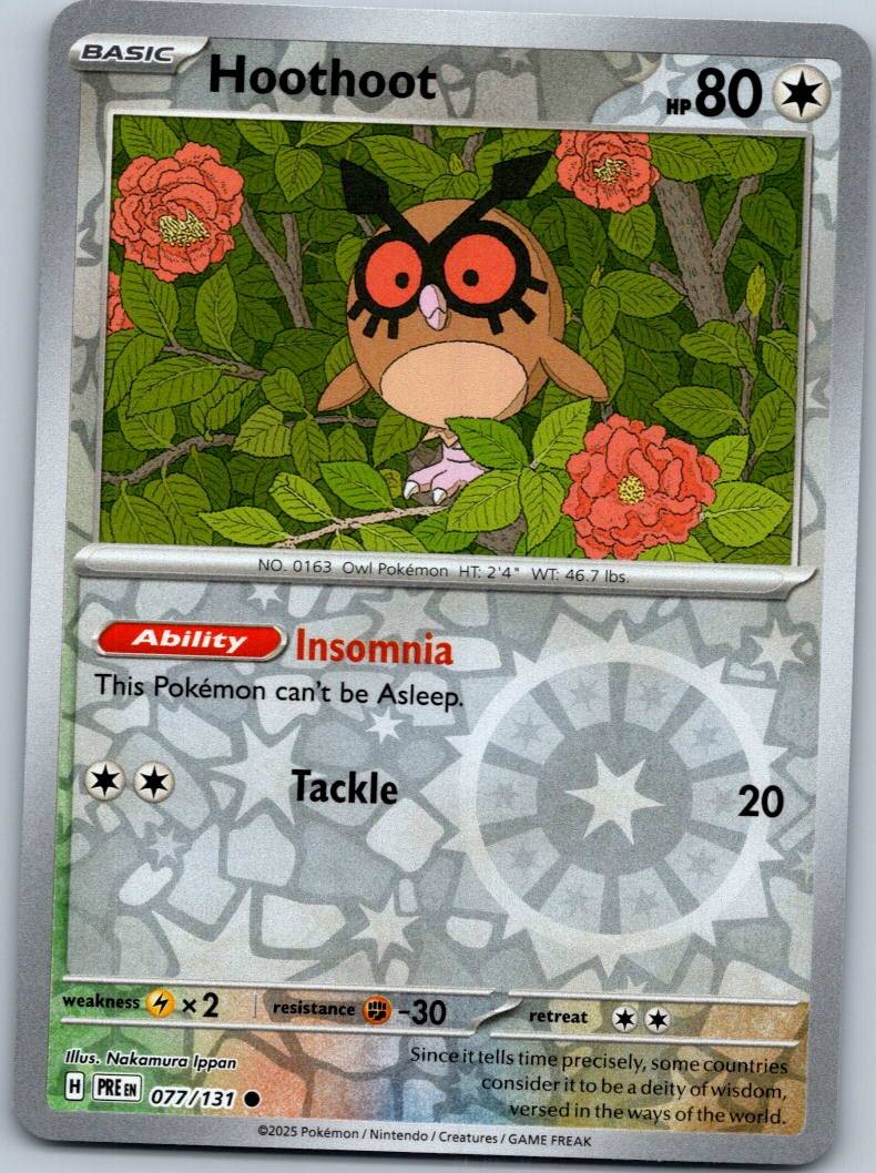 Hoothoot 077/131 Common Prismatic Evolutions Pokemon Reverse Holo Near Mint
