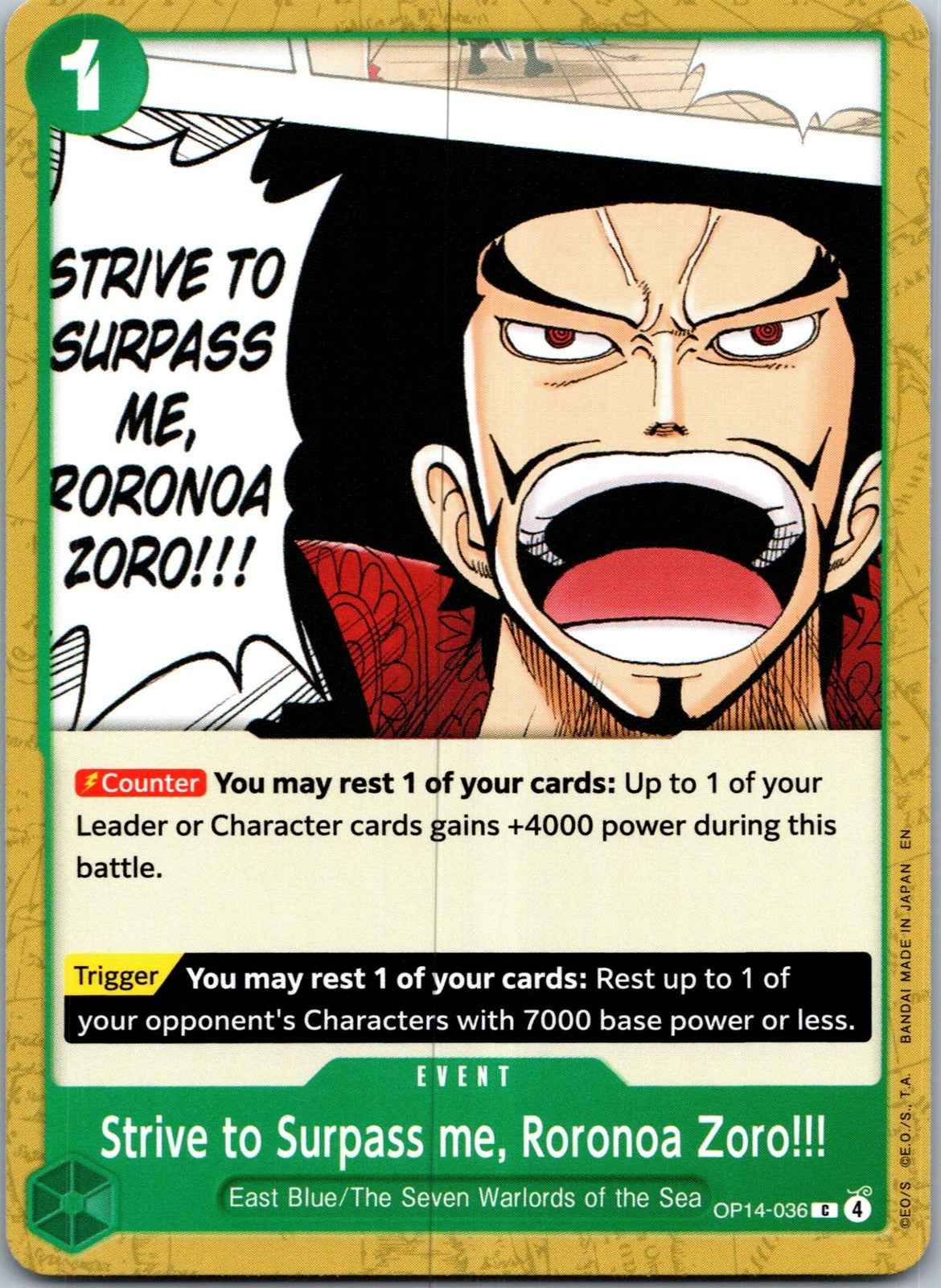 Strive to Surpass me, Roronoa Zoro!!! OP14-036 Seven One Piece NM