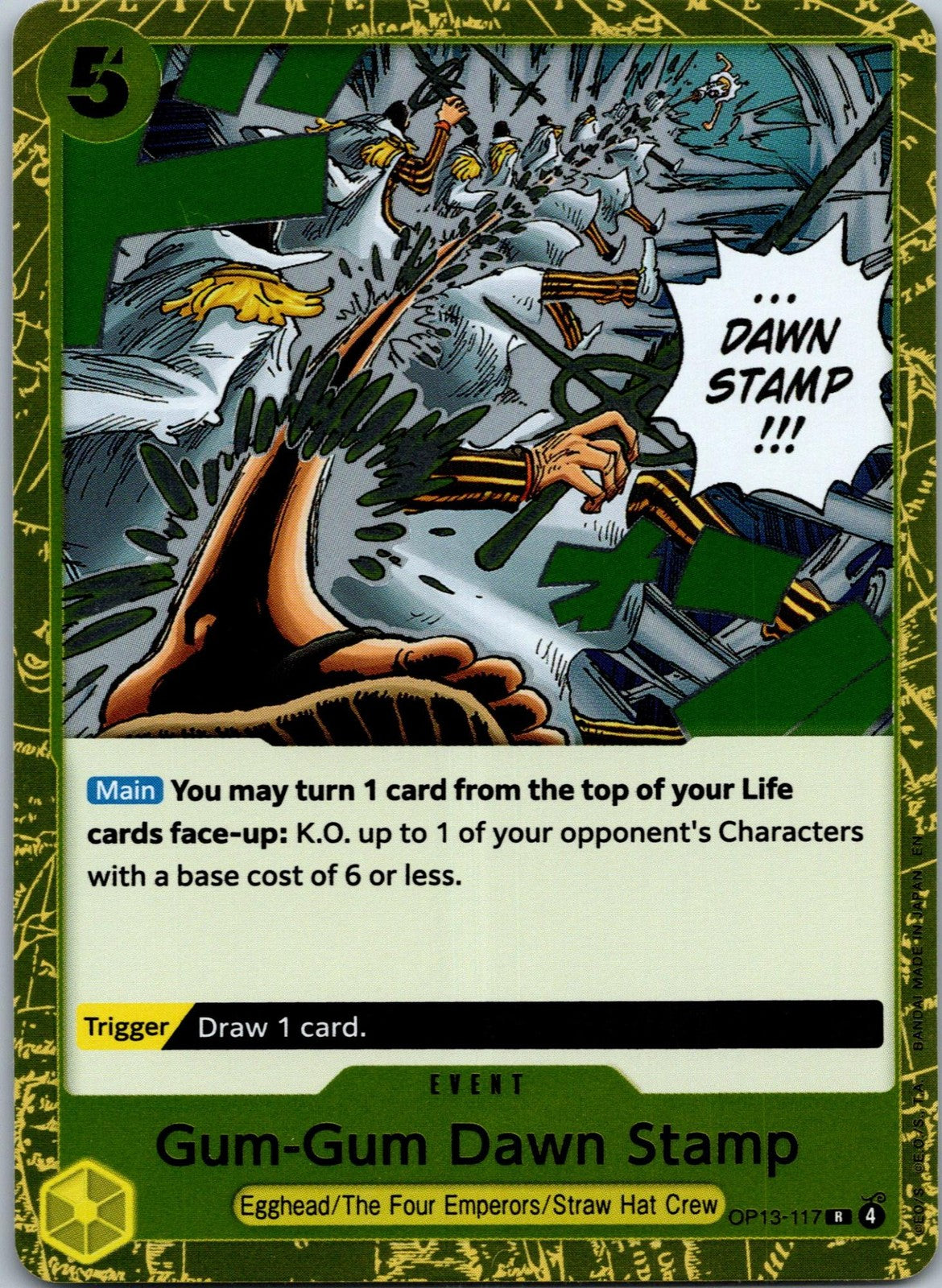 Gum-Gum Dawn Stamp OP13-117 Rare Carrying On His Will One Piece Near Mint