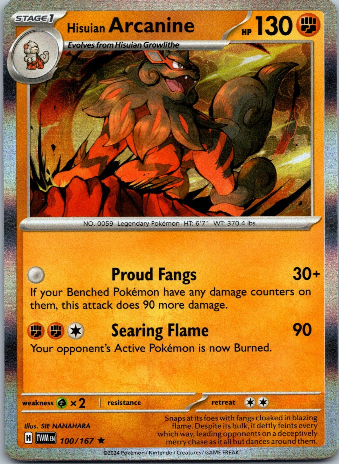 Hisuian Arcanine 100/167 Rare Twilight Masquerade Pokemon Near Mint