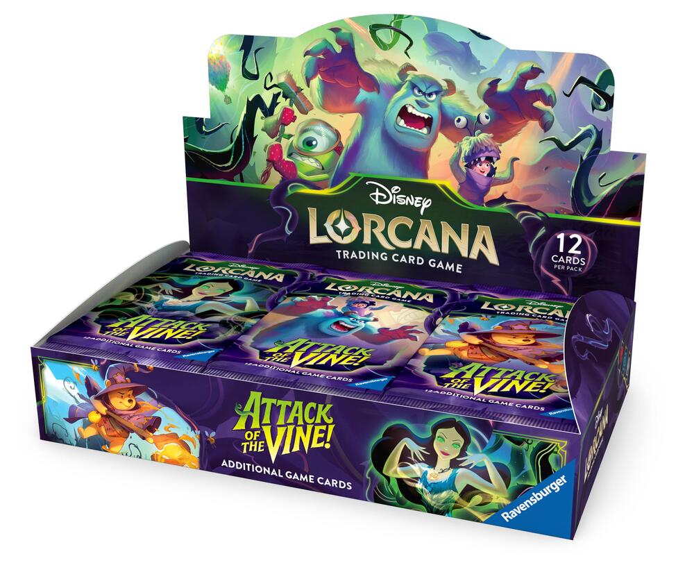Disney Lorcana Attack of the Vine! booster box, open display with 24 packs