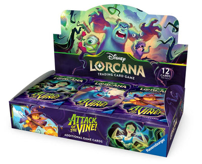 Disney Lorcana Attack of the Vine! booster box, open display with 24 packs