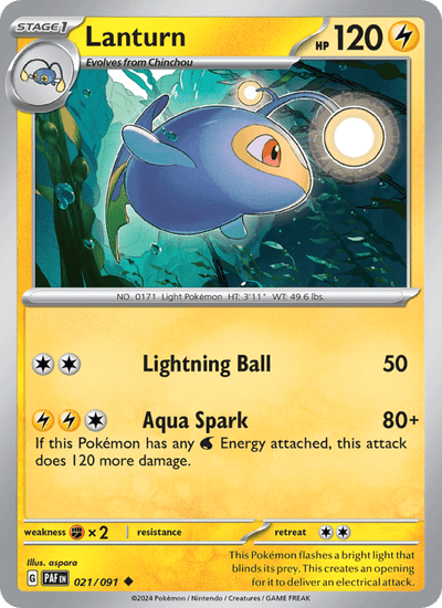 Lanturn 021/091 Uncommon Paldean Fates Pokemon Reverse Holo Near Mint