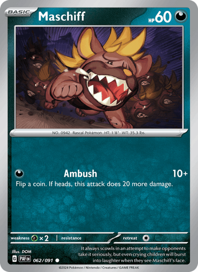 Maschiff 062/091 Common Paldean Fates Pokemon Reverse Holo Near Mint
