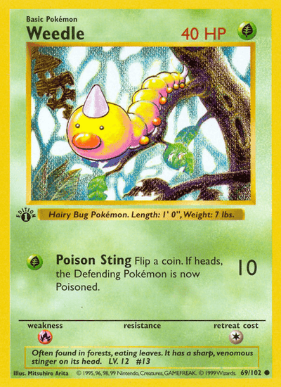 Weedle 69/102 Common Base Set Unlimited Pokemon Near Mint