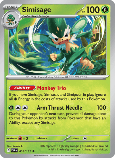 Simisage 005/182 Uncommon Paradox Rift Pokemon Reverse Holo Near Mint