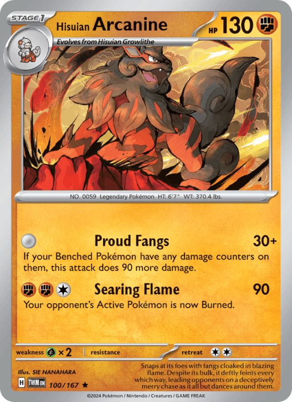 Hisuian Arcanine 100/167 Rare Twilight Masquerade Pokemon Holo Near Mint