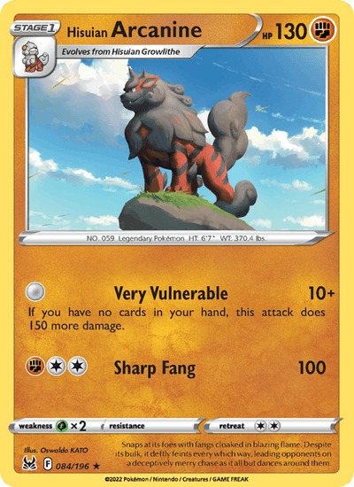 Hisuian Arcanine 084/196 Holo Rare Lost Origin Pokemon Reverse Holo Near Mint
