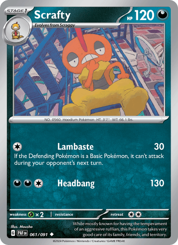 Scrafty 061/091 Uncommon Paldean Fates Pokemon Reverse Holo Near Mint
